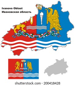 Outline map of Ivanovo Oblast with flag. Regions of Russia. Vector illustration.