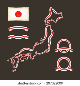 Outline map of Japan. Border is marked with a ribbon in the national colors. The package contains a stamp with flag and frames created from ribbon.