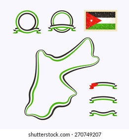 Outline map of Jordan. Border is marked with ribbon in national colors. The package contains frames in national colors and stamp with flag. 