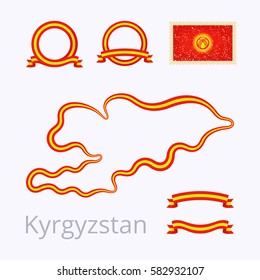 Outline map of Kyrgyzstan marked with line in national colors, ribbons and stamp with flag.
