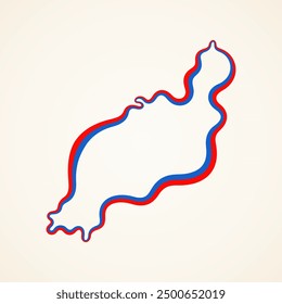 Outline map of Lanzarote marked with ribbon in colors from the flag.