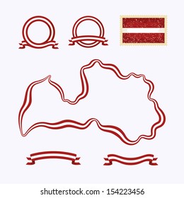 Outline map of Latvia. Border is marked with a ribbon in the national colors. The package contains a stamp with flag and frames. The file is made with no transparencies and gradients. 