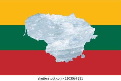 Mapa de esquema de Lituania con la imagen de la bandera nacional. Hielo dentro del mapa. Ilustración vectorial. Crisis energética.
