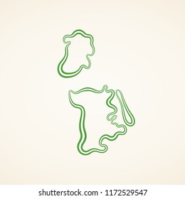 Outline map of Macau marked with ribbon in colors from the flag.