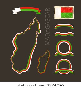 Outline map of Madagascar. Border is marked with ribbon in national colors. The package contains frames in national colors and stamp with flag. 