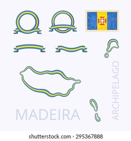 Outline map of Madeira. Border is marked with ribbon in national colors. The package contains frames in national colors and stamp with flag. 