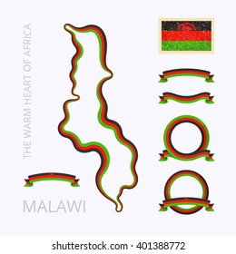 Outline map of Malawi. Border is marked with ribbon in national colors. The package contains frames in national colors and stamp with flag. 