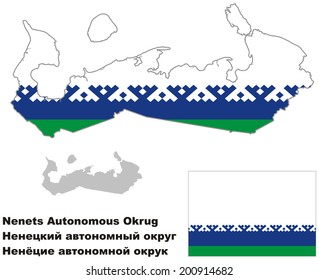 Outline map of Nenetsia with flag. Regions of Russia. Vector illustration.