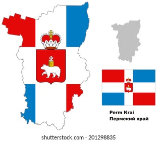 Outline map of Perm Krai with flag. Regions of Russia. Vector illustration.