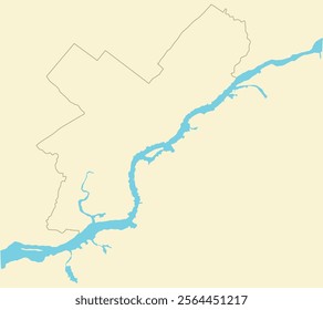 Outline map of Philadelphia city borders on the background of Delaware river.