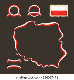 Outline map of Poland. Border is marked with a ribbon in the national colors. The package contains a stamp with flag and frames. The file is made with no transparencies and gradients. 