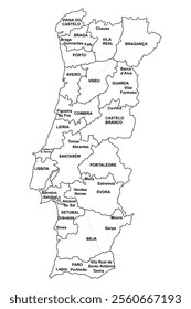 Outline Map of Portugal with Region Borders and Names, Simple Line Art Design Isolated on White Background, Editable and Scalable Vector Illustration in EPS Format for Graphic Use