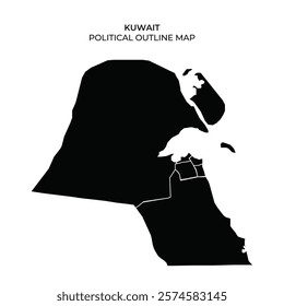 The outline map presents the political boundaries of Kuwait, highlighting various regions and their distinct shapes. This depiction emphasizes the geographical layout of the country.