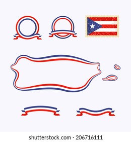 Outline map of Puerto Rico. Border is marked with a ribbon in the national colors. The package contains a stamp with flag and frames created from ribbon