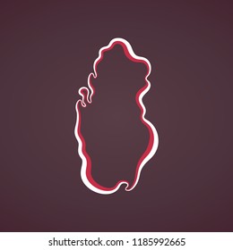Outline map of Qatar marked with ribbon in colors from the flag.