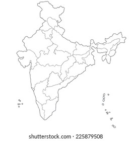 Outline map of the Republic India with the borders of the states and Union Territories, includes the new state Telangana