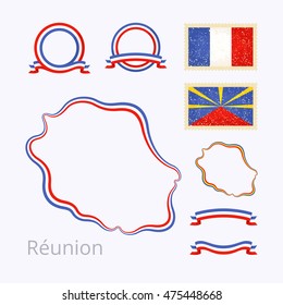 Outline map of  Reunion. Border is marked with ribbon in national colors. The package contains frames in national colors and stamp with flag. 
