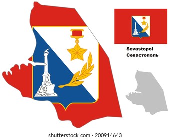 Outline map of Sevastopol with flag. Regions of Russia. Vector illustration.