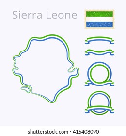 Outline map of Sierra Leone. Border is marked with ribbon in national colors. The package contains frames in national colors and stamp with flag. 