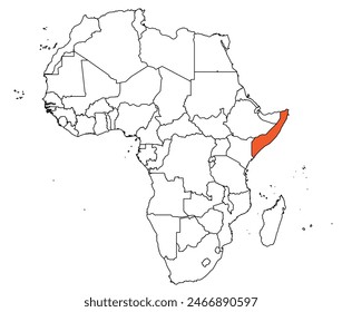 Outline of the map of the Somalia with other countries of the continent of Africa