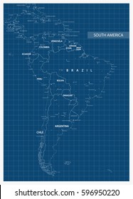 Outline Map of South America.Blueprint style.