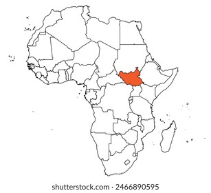 Outline of the map of the South Sudan with other countries of the continent of Africa