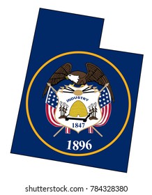 Outline map of the state of Utah on a white background with flag inset