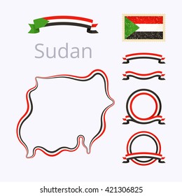 Outline map of Sudan. Border is marked with ribbon in national colors. The package contains frames in national colors and stamp with flag. 