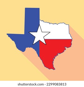 Outline map of Texas in red white and blue with the lone star motif and set on a shadow background