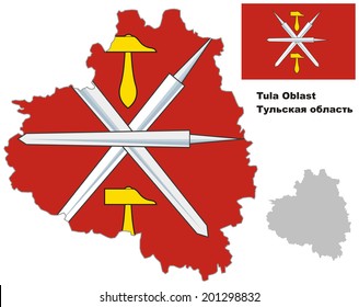 Outline map of Tula Oblast with flag. Regions of Russia. Vector illustration.