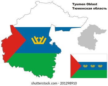 Outline map of Tyumen Oblast with flag. Regions of Russia. Vector illustration.