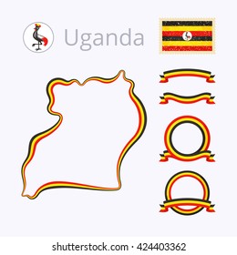 Outline map of Uganda. Border is marked with ribbon in national colors. The package contains frames in national colors and stamp with flag. 