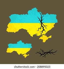 Outline map of Ukraine with black crack. Illustration related crisis and conflict in Ukraine.