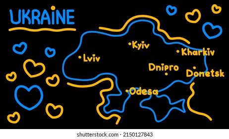 Outline map of Ukraine country with major cities. Simple neon patriotic icon in national colors on black background.