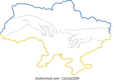 Outline map of Ukraine with hands. Blue and yellow conceptual idea. Support Ukraine. Vector illustration, isolated object, banner, template for design