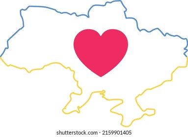 Outline map of Ukraine with heart. Blue and yellow conceptual idea. Support Ukraine. Vector illustration, isolated object, banner, template for design