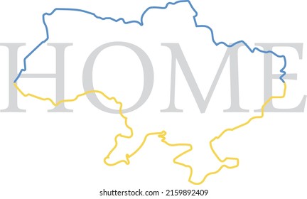 Outline map of Ukraine with typography. Blue and yellow conceptual idea. Support Ukraine. Vector illustration, isolated object, banner, template for design