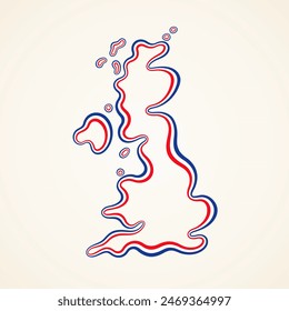 Outline map of United Kingdom marked with ribbon in colors from the flag.