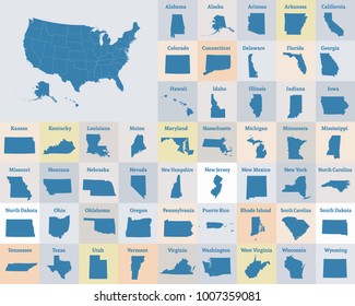 Outline map of the United States of America. States of the USA. Vector illustration.US map with state borders. usa silhouette.New York, Hawaii, Puerto Rico, Pennsylvania and other states.