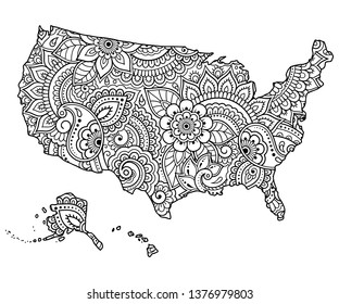 Outline map of United States of America filled with a high-detailed floral pattern. Flower ornament in oriental mehndi style. Coloring book page.