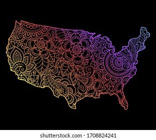 Outline map of United States of America filled with a high-detailed floral pattern. Flower ornament in oriental mehndi style. Colored rainbow decoration on a black background.