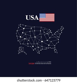 outline map of United States of America with nation flag.vector illustration.