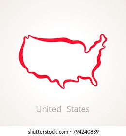Outline map of United States marked with red line.