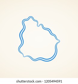 Outline map of Uruguay marked with ribbon in colors from the flag.