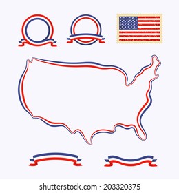 Outline map of USA. Border is marked with a ribbon in the national colors. The package contains a stamp with flag and frames created from ribbons.