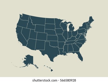 Outline Map Of USA. Isolated Vector Illustration. United States Of America. US Map With State Borders. Usa Silhouette.