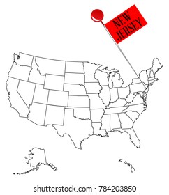 An outline map of USA with a knob pin in the state of New Jersey