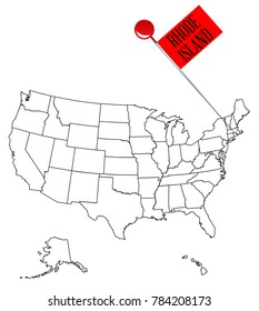 An outline map of USA with a knob pin in the state of Rhode Island