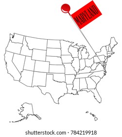 An outline map of USA with a knob pin in the state of Maryland
