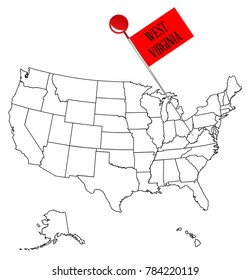 An outline map of USA with a knob pin in the state of West Virginia
